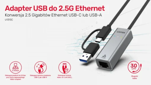 Unitek Adapter USB-A/C 3.1 GEN1 RJ45, 2,5 Gbps, U1313C - Image 2