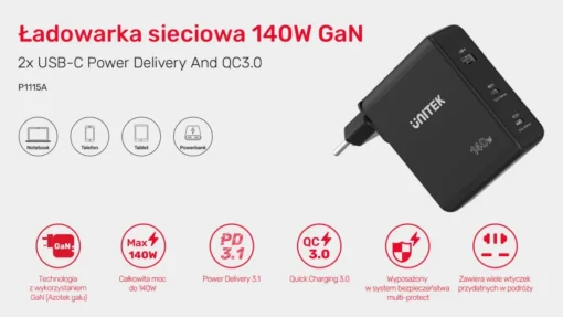 Unitek Wall Charger GAN 2x USB-C 1x USB-A 140W - Image 2