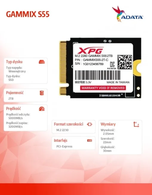 Adata SSD диск XPG GAMMIX S55 2TB PCIe 4x4 5/3.2GB/s M2230 - Image 3