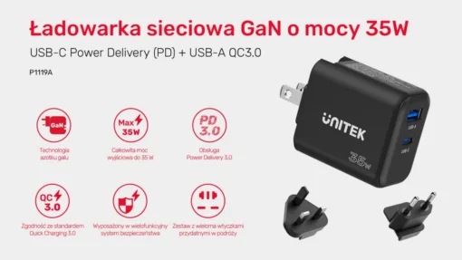 Unitek Wall Charger GaN PD 35W USB-C + USB-A - Image 2