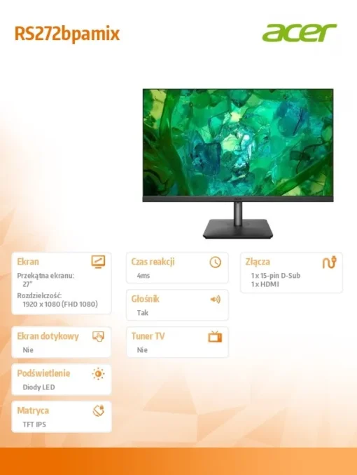 Acer Monitor 27 inch VERO RS272bpamix IPS 4ms/250cd/m2 D-SUB HDMI Speaker - Image 3