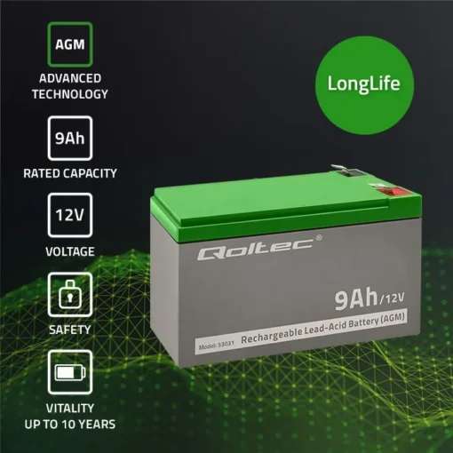 Qoltec Gel battery | 12V | 9Ah | Max.90A | AGM - Image 2