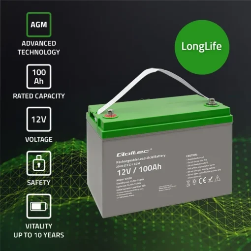 Qoltec Battery AGM 12V 100Ah max. 30A - Image 2