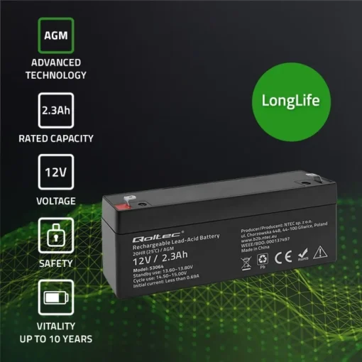 Qoltec AGM battery 12V 2.3Ah, max. 34.5A - Image 2