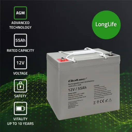 Qoltec AGM battery 12V 55Ah, max. 825A - Image 2