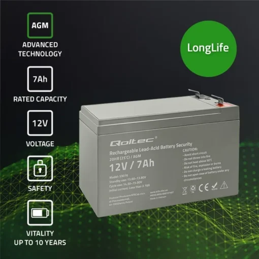 Qoltec AGM battery 12V 7Ah, max. 105A, Securit - Image 2