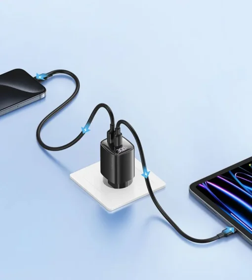 USAMS Charger 30W GaN LED USB+USB-C CC229 Black - Image 2