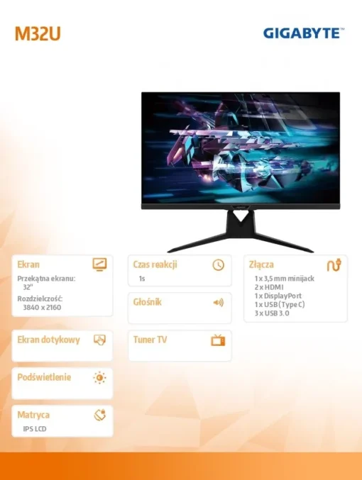 Gigabyte Monitor 32 inches M32U144Hz GAMING IPS/1ms/4K ULTRA HD /HDMI/DP/USB-C/ USB3.0/ SPEAKER - Image 2