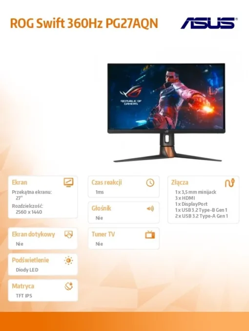 Asus Monitor 27 inch PG27AQN ROG Swift PG27AQN IPS WQHD 360Hz HDMI DP USB PIVOT - Image 2