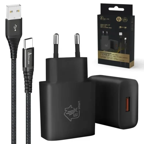 Extralink Smart Life USB Type-A to Type-C Kit, 200cm, черен + 12W черен зарядно