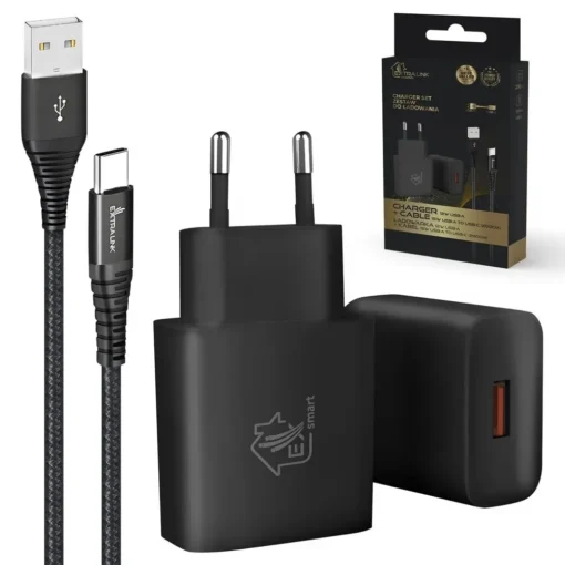 Extralink Smart Life USB Type-A to Type-C Kit, 200cm, Black + 12W Black Charger