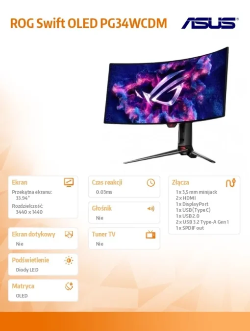 Asus Monitor ROG Swift 33.94 inches PG34WCDM OLED 240Hz 0,03MS G-SYNC 800R ROG KVM sMART 450CD/M2 HDMI DP USB-C H:0-110 - Image 5