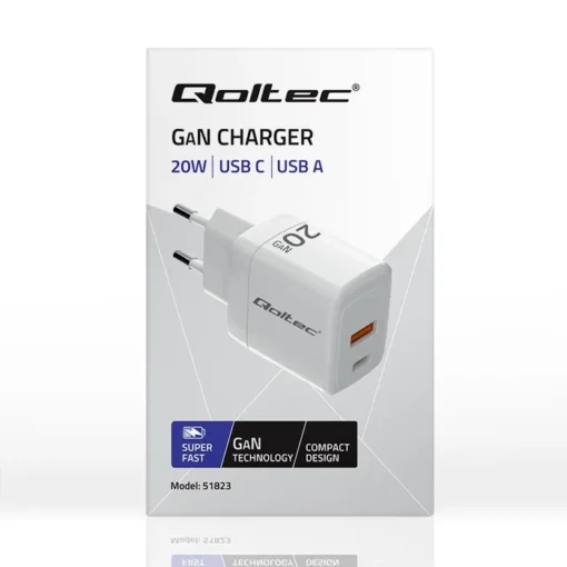 Qoltec GaN 20W charger,5V 20V 1.5A 3A,1xUSB C PD,1xUS - Image 3