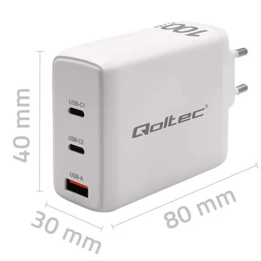 Qoltec GaN 100W charger,5V 20V 1.5A 3A,2xUSBC PD,1xUSB - Image 3