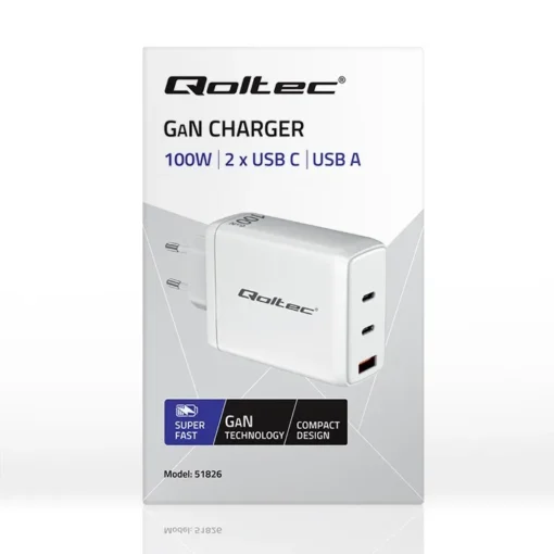 Qoltec GaN 100W charger,5V 20V 1.5A 3A,2xUSBC PD,1xUSB - Image 4