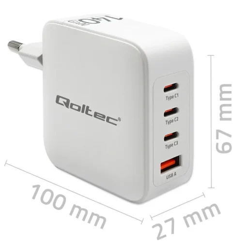 Qoltec GaN 140W charger 5V 20V 2.5A 5A,3xUSB C PD,1xUS - Image 2