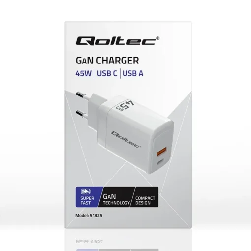 Qoltec GaN 45W charger 5V 20V 1.5A 3A,1xUSB C PD,1xUS - Image 3