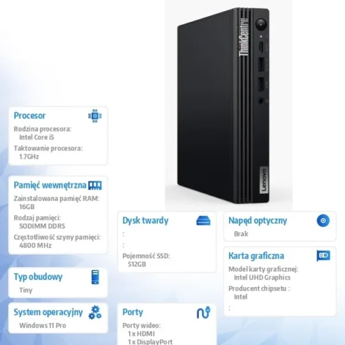 Lenovo Компютър ThinkCentre M70q Tiny G5 12TD000FPB W11Pro i5-14500T/16GB/512GB/INT/vPro/1YR Premier Support + 3YRS OS