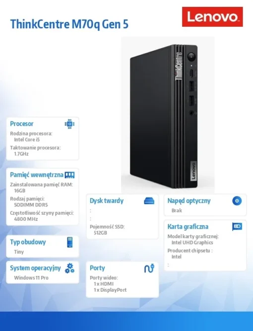 Lenovo Компютър ThinkCentre M70q Tiny G5 12TD000FPB W11Pro i5-14500T/16GB/512GB/INT/vPro/1YR Premier Support + 3YRS OS