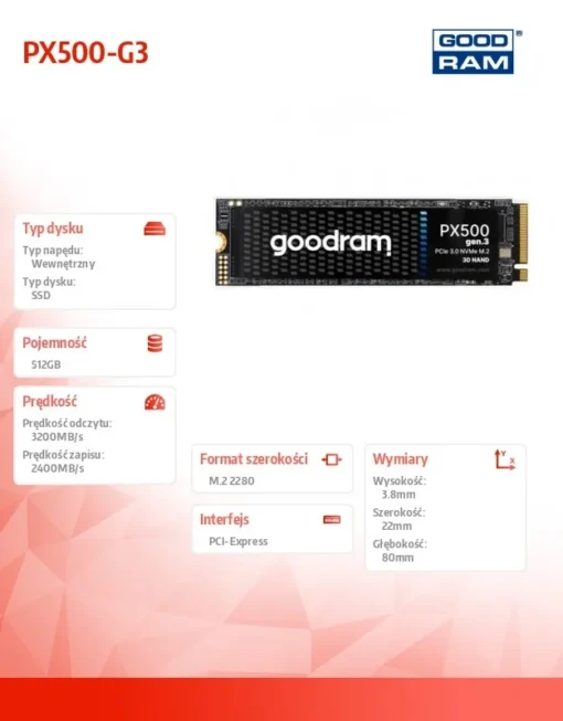 GOODRAM SSD drive PX500-G3 512GB M.2 PCIe 3x4 NVMe 2280 3200/2400 - Image 2