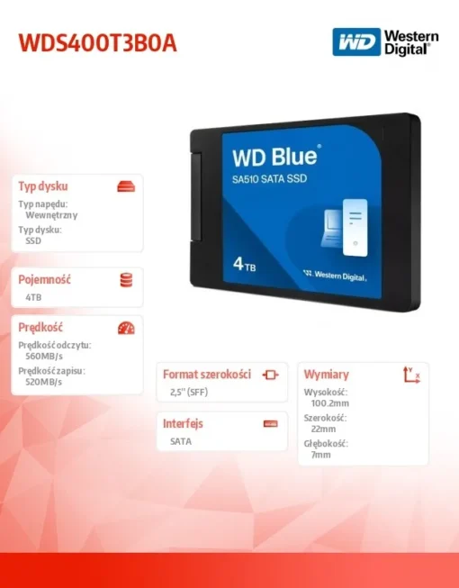 Western Digital SSD диск Blue 4TB SA510 2,5 cala WDS400T3B0A - Image 4