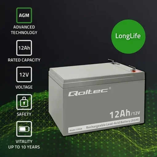 Qoltec AGM battery 12V 12Ah - Image 2