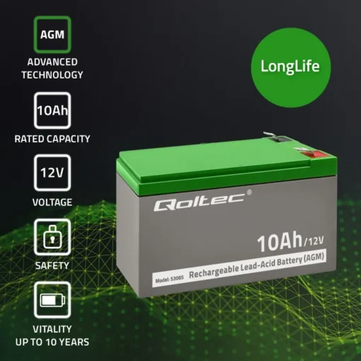 Qoltec AGM battery 12V 10Ah Maintenance free for UP - Image 2