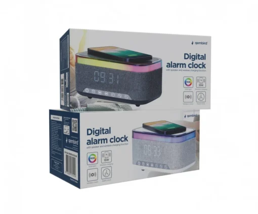 Gembird Digital Alarm Clock with Wireless Charging, DAB/FM Radio RGB White/Gray - Image 2