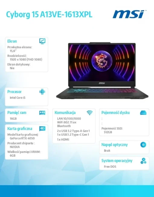 MSI Лаптоп Cyborg 15 A13VE-1613XPL nOS/i5-13420H/16GB/512SSD/RTX4050/15.6 cala - Image 5