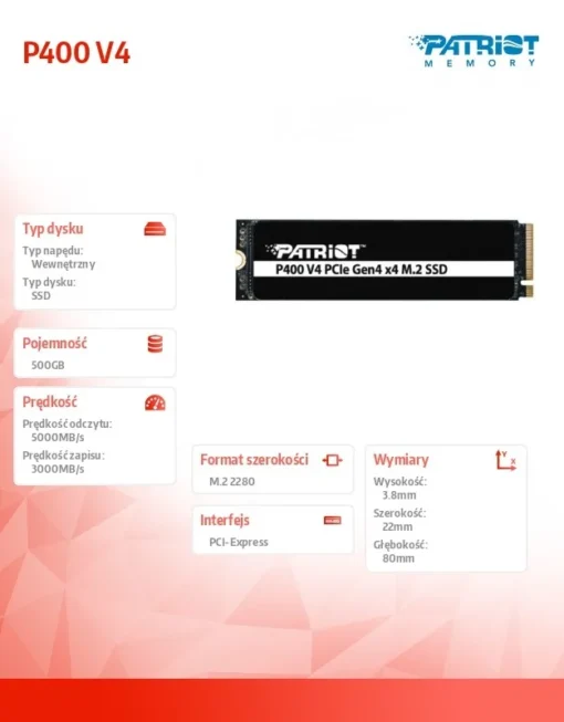 Patriot SSD 500GB P400 V4 5000/3000 MB/s M.2 PCIe Gen4 x4 NVMe 2.0 - Image 2