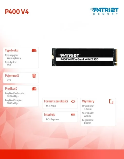 Patriot SSD 4TB P400 V4 6200/5200 MB/s M.2 PCIe Gen4 x4 NVMe 2.0 - Image 2