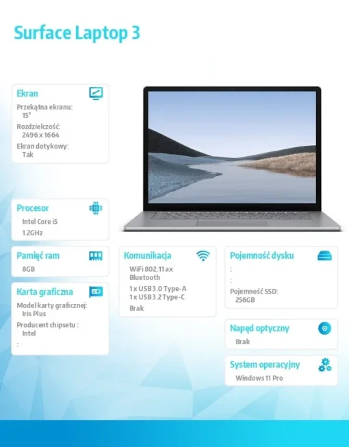 Microsoft Лаптоп poleasingowy Surface Лаптоп 3 Core i5 1035G7 1,2 GHz / 8 GB / 256 SSD / 15 cali 2K dotyk / Win 11 Pro / srebrny (RDZ-00008) - Image 5