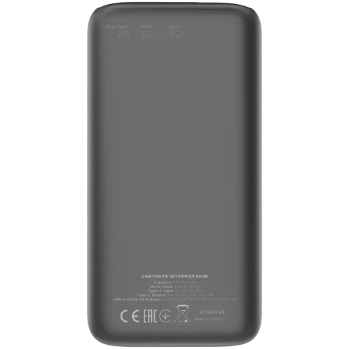 Външна батерия CANYON power bank PB-301 LED 30000 mAh PD 20W QC 3.0 Black - Image 2