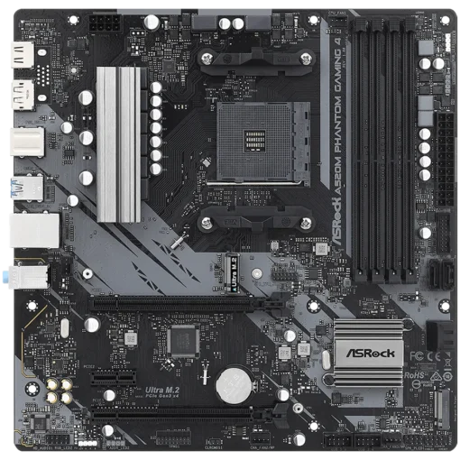 Дънна платка ASROCK MB Desktop A520M Phantom Gaming 4, AM4, 4x DDR4, 2x PCIe 3.0 x16, 1x PCIe 3.0 x1, 1x Ultra M.2, 4x SATA 3, 1x DVI, 1x HDMI, 6x SUB 3.2, 6x USB 2.0, 1x GLAN, 1x PS2, mATX, retail - Image 2