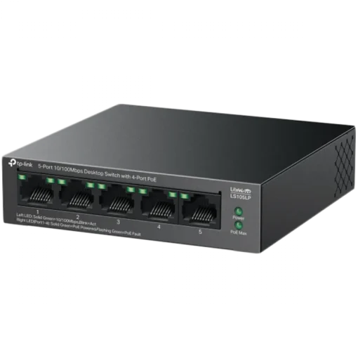 Kомутатор TP-Link LS105LP 5-Port 10/100 Mbps Desktop Switch with 4-Port PoE, 4× 10/100 Mbps PoE Ports, 1× 10/100 Mbps Non-PoE Port, 802.3af, 41 W PoE Power, Desktop Steel Case, Extend Mode for 250m PoE Transmitting, PoE Auto Recovery, Plug and Play - Image 2