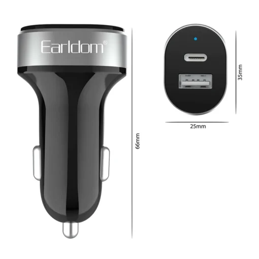 Зарядно за мобилен телефон Зарядно устройство за кола Earldom ES-CC14, 1xUSB, 1xType-C, С Micro USB кабел, Черен - 40241 - Image 2