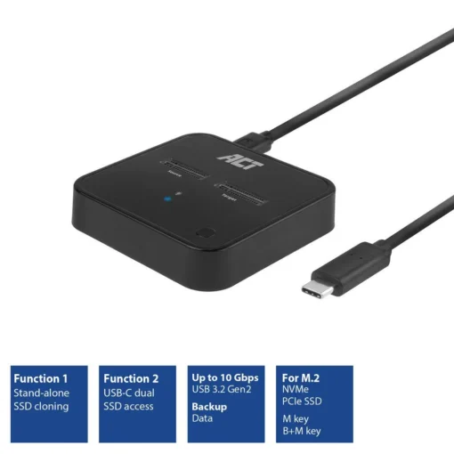 Двойна SSD докинг станция, ACT M.2 NVMe/PCIe  за клониране, USB-C 3.2 Gen2, 10 Gbps - Image 2