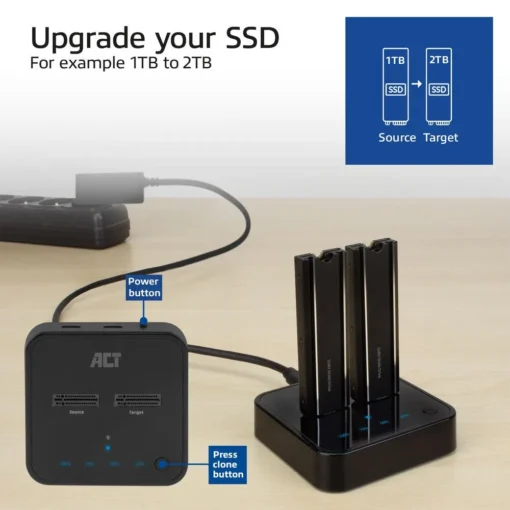 Двойна SSD докинг станция, ACT M.2 NVMe/PCIe  за клониране, USB-C 3.2 Gen2, 10 Gbps - Image 5