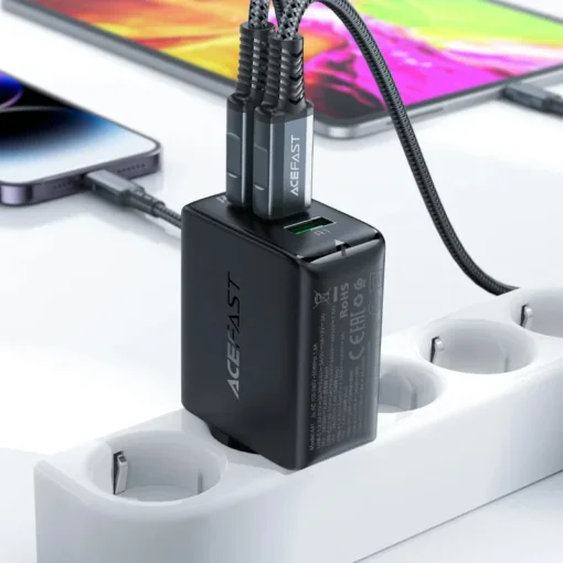 Acefast Универсално зарядно за стена Charger Wall GaN PD65W - A41 - USB-C x 2, USB-A x 1, Black - Image 4