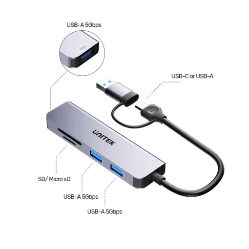 Unitek хъб HUB USB-C/USB-A 3 port uHUB P5+ - USB3.0 x 3, Card reader, Aluminium - H1320AGY01 - Image 3