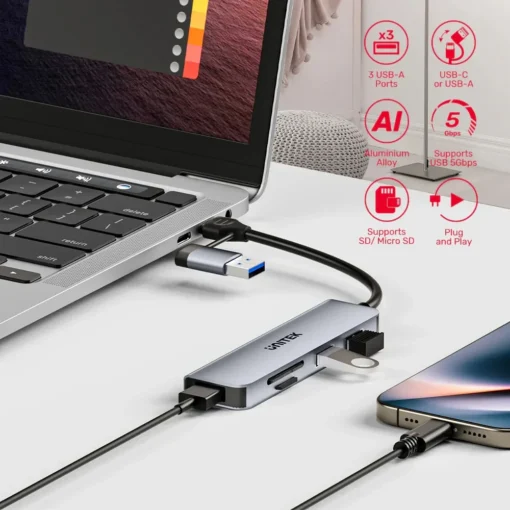 Unitek хъб HUB USB-C/USB-A 3 port uHUB P5+ - USB3.0 x 3, Card reader, Aluminium - H1320AGY01 - Image 4