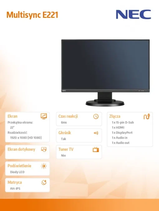 NEC Monitor Multisync E221N PS DP HDMI черен - Image 2