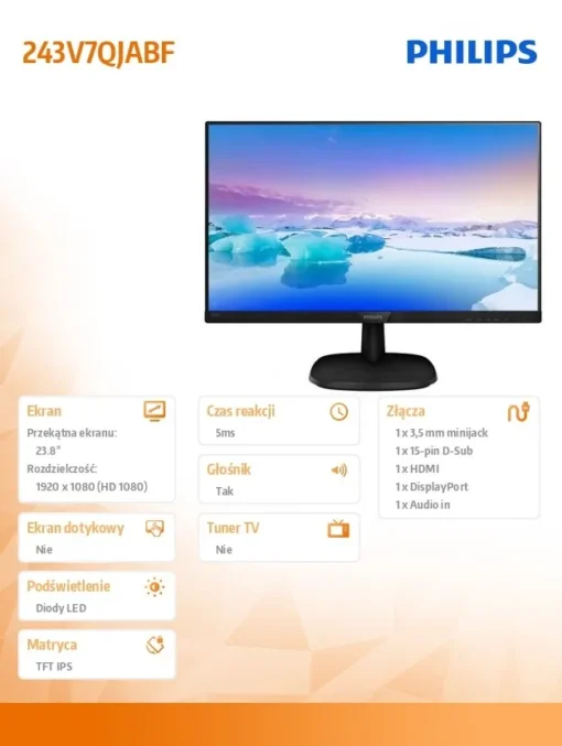 Philips Monitor 23.8 243V7QJABF IPS HDMI DP Speakers - Image 4