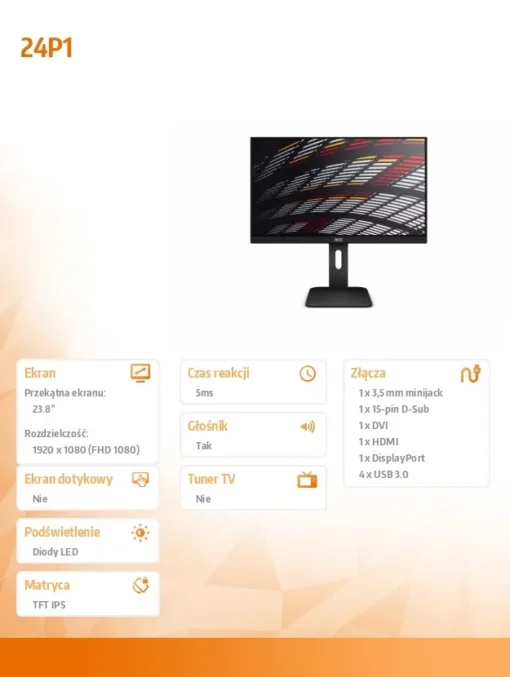 AOC Monitor 23.8 24P1 IPS DVI DP HDMI Pivot Speakers - Image 3