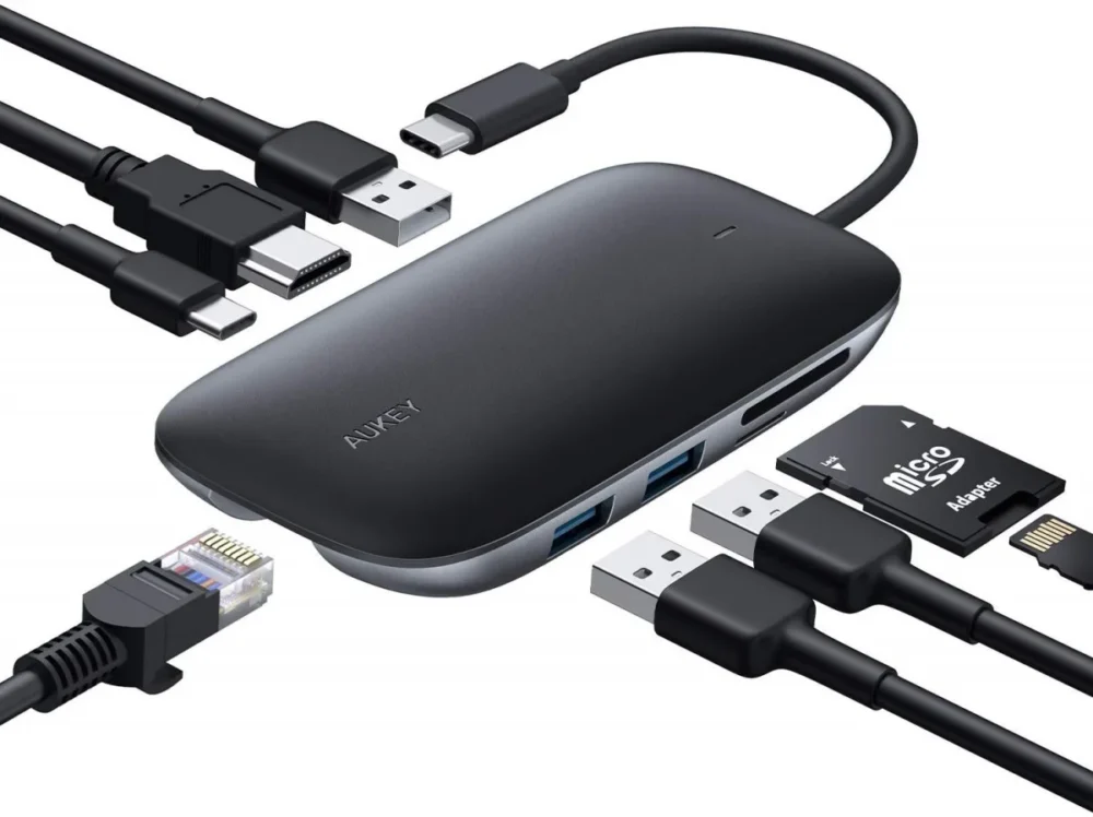 AUKEY CB-C71 aluminium HUB USB-C | 8in1 | RJ45 Ethernet 10/100/1000Mbps | 3xUSB 3.1 | HDMI 4k@30Hz | SD & microSD | USB-C Power Delivery