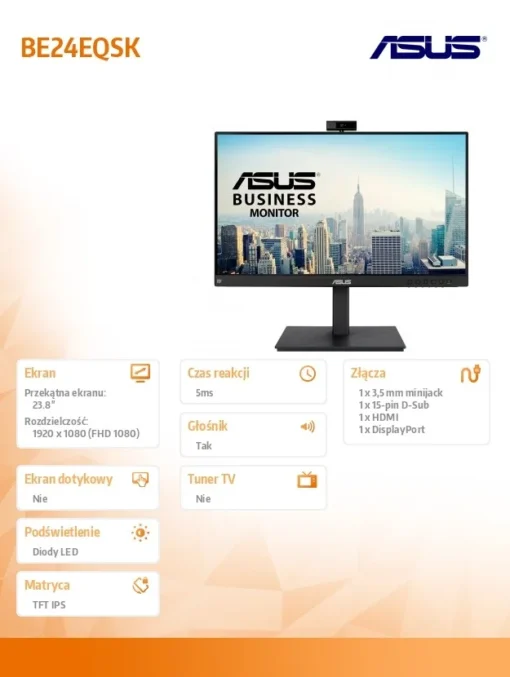 Asus Monitor 24 inch BE24EQSK IPS VGA HDMI DP Speaker PIVOT Camera 2,0MPix - Image 5