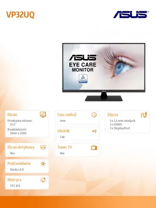 Asus Monitor 32 inch VP32UQ IPS UHD 4K 16:9 sRGB:100% 4ms/100MLN:1/350cd/m2 HDMI DP Speaker VESA - Image 2