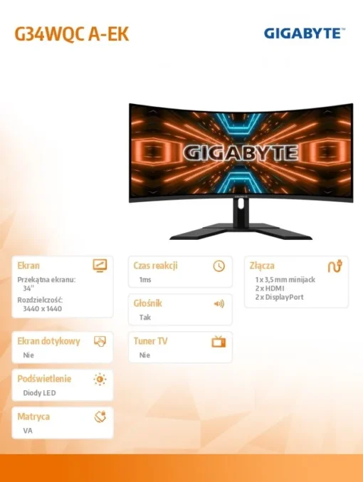 Gigabyte Monitor 34 inches G34WQC A-EK 144Hz VA/1ms/QHD/21:9/1500R/HDMI/DP/12mln:1/USB/3Y - Image 5