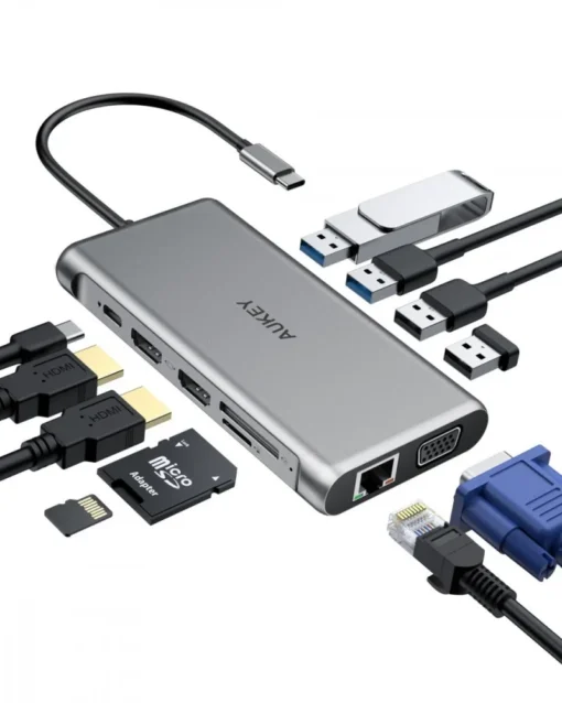 AUKEY HUB CB-C78 aluminum USB-C | 12w1 | RJ45 Ethernet 10/100/1000Mbps | 2xUSB 3.1 | 2xUSB 2.0 | 2xHDMI 4k@30Hz | VGA | SD i microSD | USB-C |