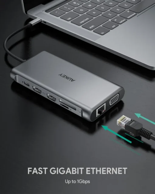 AUKEY HUB CB-C78 aluminum USB-C | 12w1 | RJ45 Ethernet 10/100/1000Mbps | 2xUSB 3.1 | 2xUSB 2.0 | 2xHDMI 4k@30Hz | VGA | SD i microSD | USB-C | USB-C - Image 4